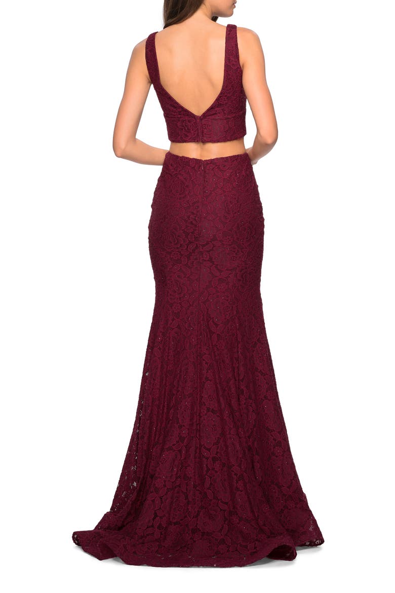 Two-Piece Stretch Lace Mermaid Gown, Alternate, color, WINE