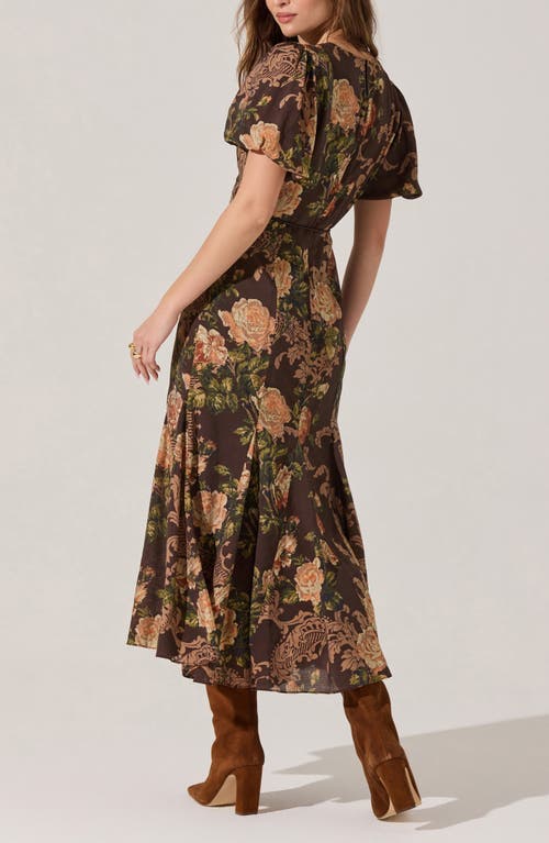 Astr The Label Lavena Floral Puff Sleeve Midi Dress In Brown