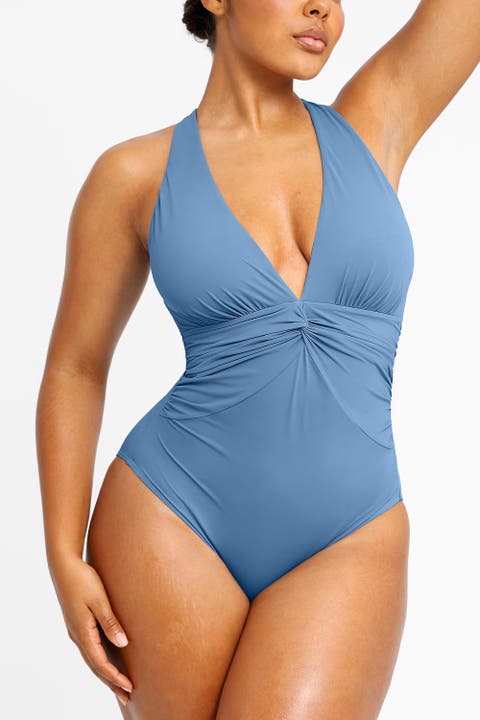 Plunge Ruched Twist-Front One Piece Swimsuit