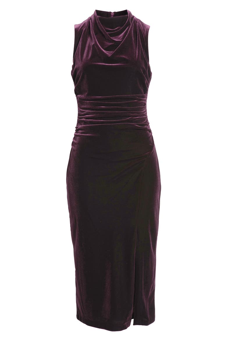 High Cowl Neck Ruched Velvet Sheath Midi Dress, Alternate, color, MAR