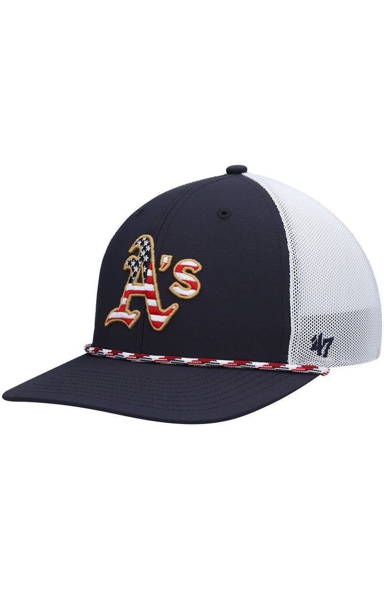 '47 Men's '47 Navy/White Oakland Athletics Flag Fill Trucker Snapback Hat, Main, color, Navy