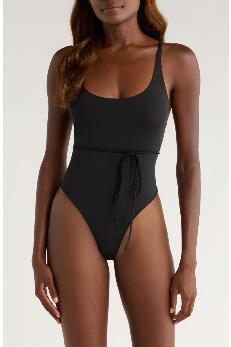 Rena Sleeveless Stretch Nylon Bodysuit, Main, color, BLACK
