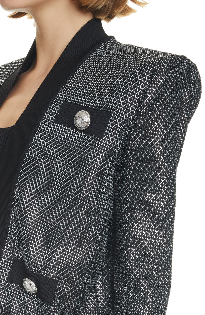 Balmain Side-to-Side Lattice Open Front Knit Jacket, Alternate, color, Eac Noir/ Argent