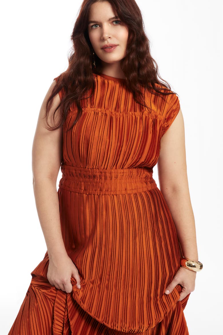 Boatneck Plisse Cap-Sleeve Maxi Dress, Alternate, color, UMBER