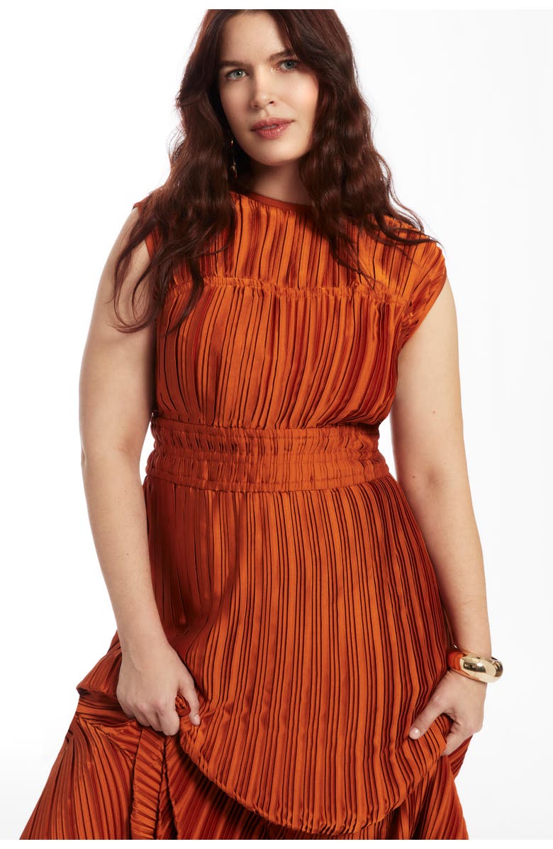 June + Vie Boatneck Plisse Cap-Sleeve Maxi Dress, Alternate, color, Umber