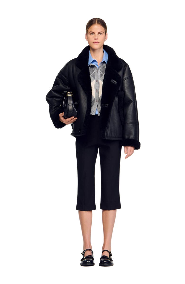 SANDRO Short shearling coat, Main, color, Black