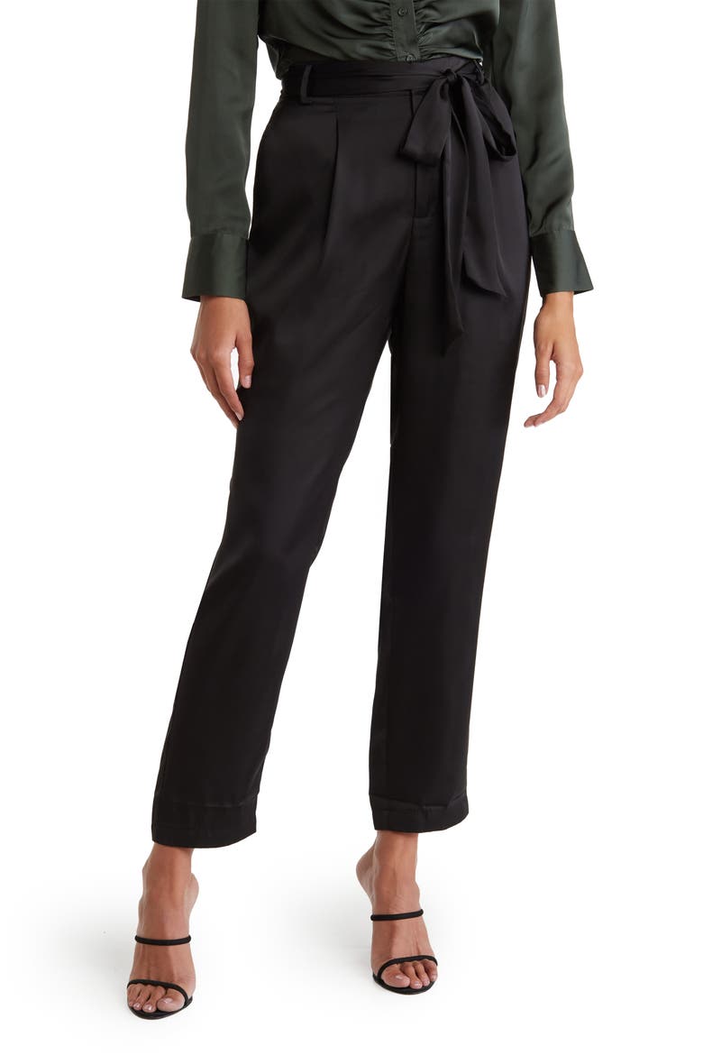 Tie Waist Satin Pants, Main, color, BLACK