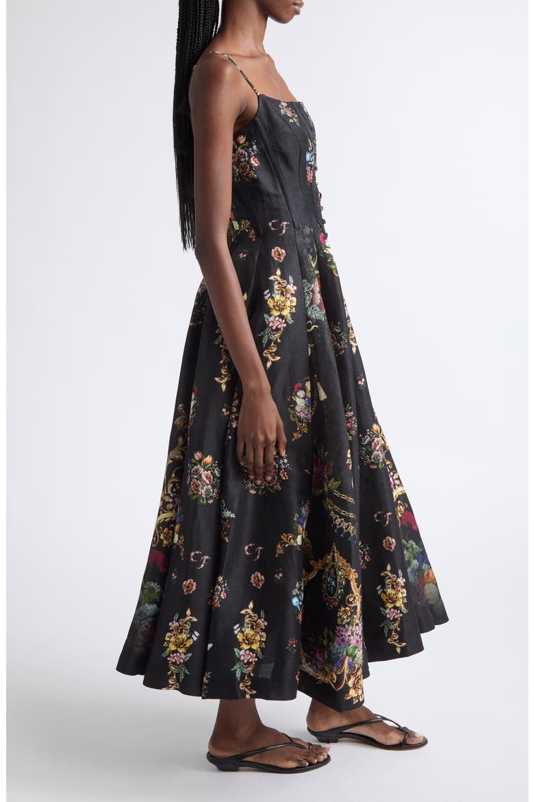 Floral Print Linen & Silk Corset Dress, Alternate, color, NIGHT GARDEN