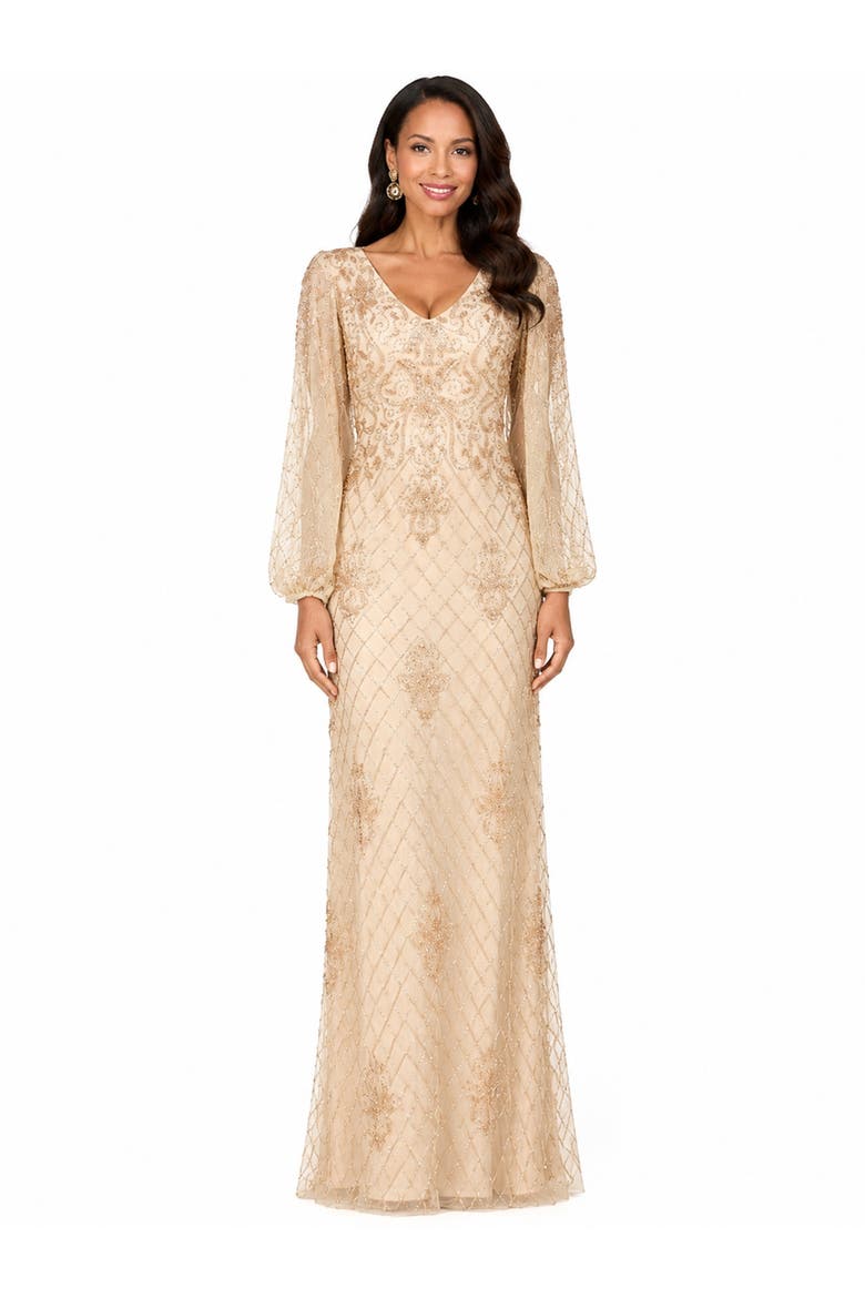 Beaded Faux-Wrap V-Neck Bridal Gown, Main, color, Champagne