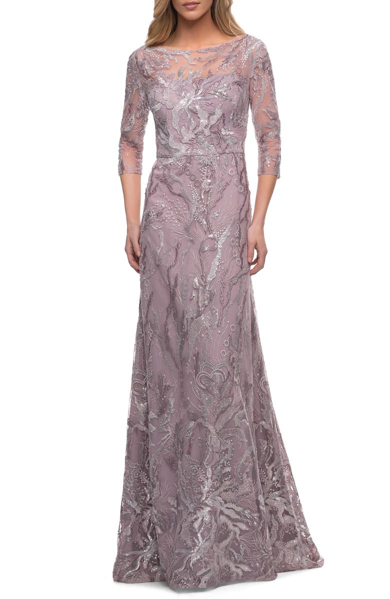 La Femme Sequin Lace A-Line Gown, Main, color,