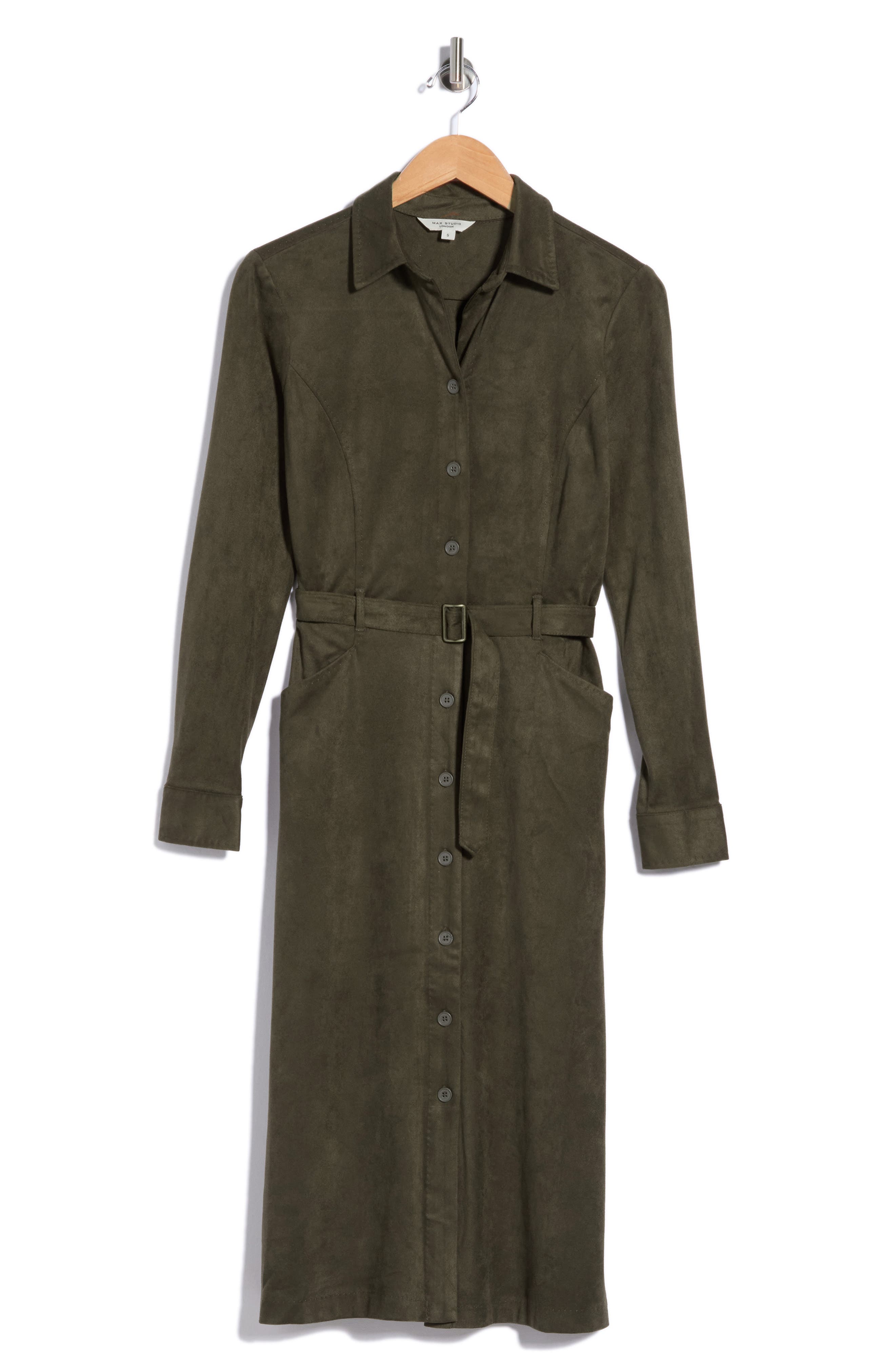 Faux Suede Long Sleeve Belted Shirtdress