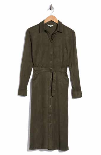 Faux Suede Long Sleeve Belted Shirtdress