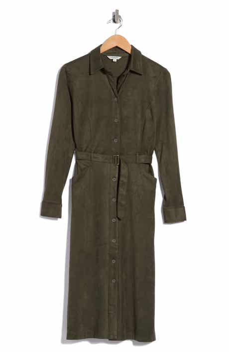 Faux Suede Long Sleeve Belted Shirtdress