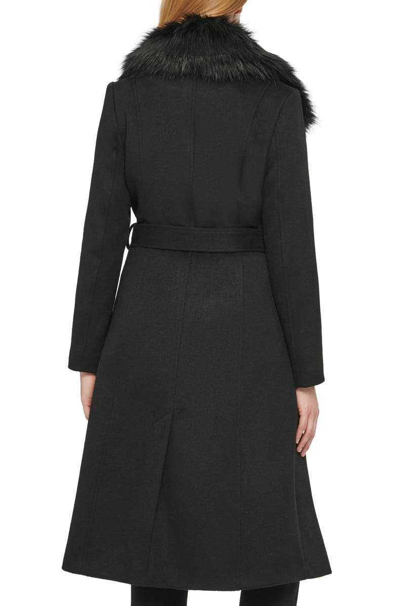 KARL LAGERFELD Belted Faux Fur Trim Wool Blend Coat, Alternate, color, Black
