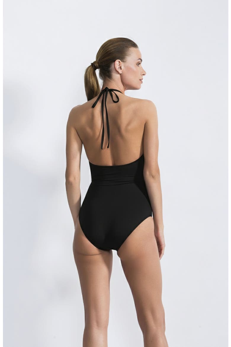 Ruched Criss-Cross with Metallic Neckline Detail One-Piece Swimsuit, Alternate, color, Black