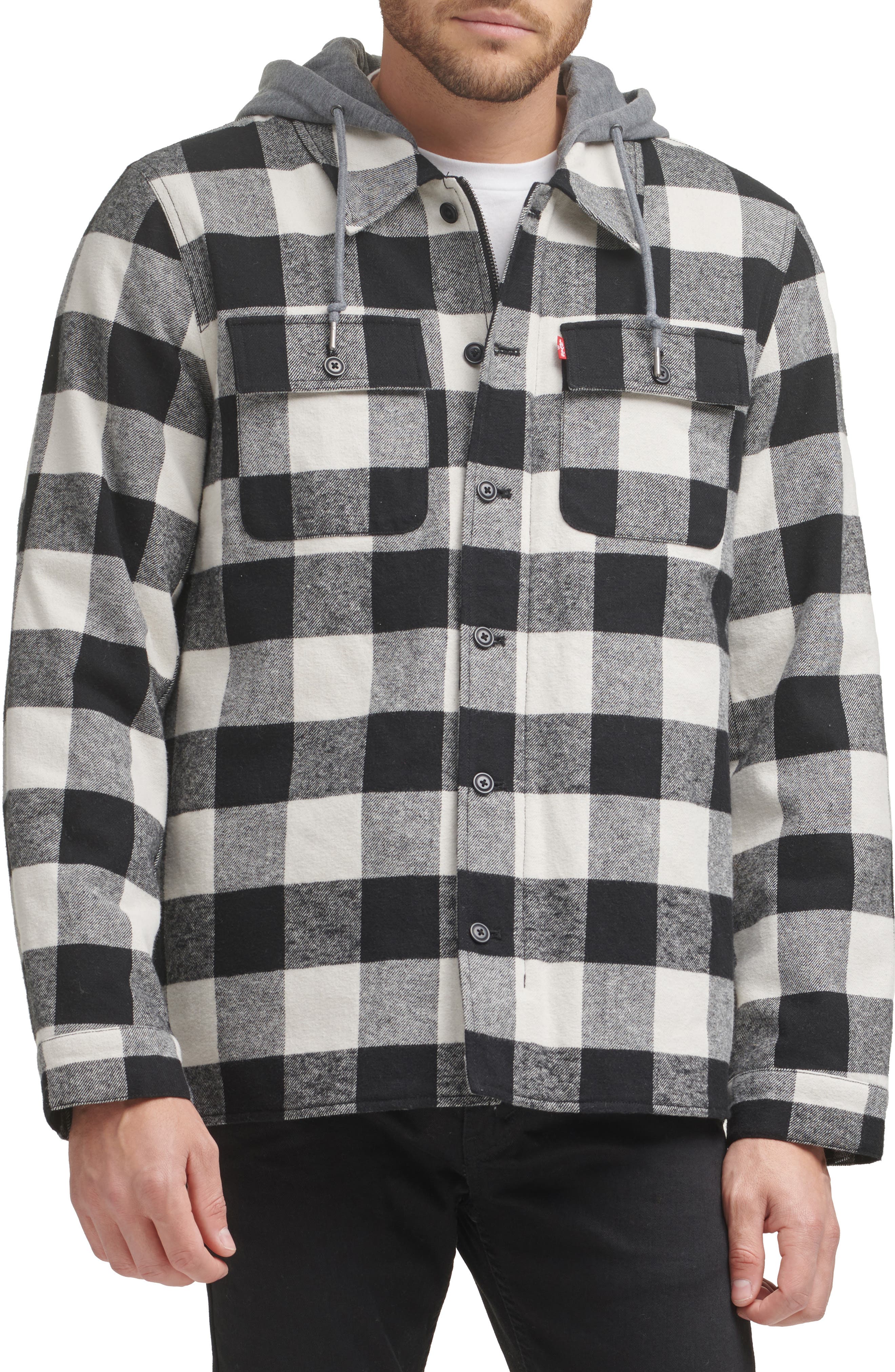 Levi's Plaid Faux Shearling Lined Jersey Hood Shirt Jacket