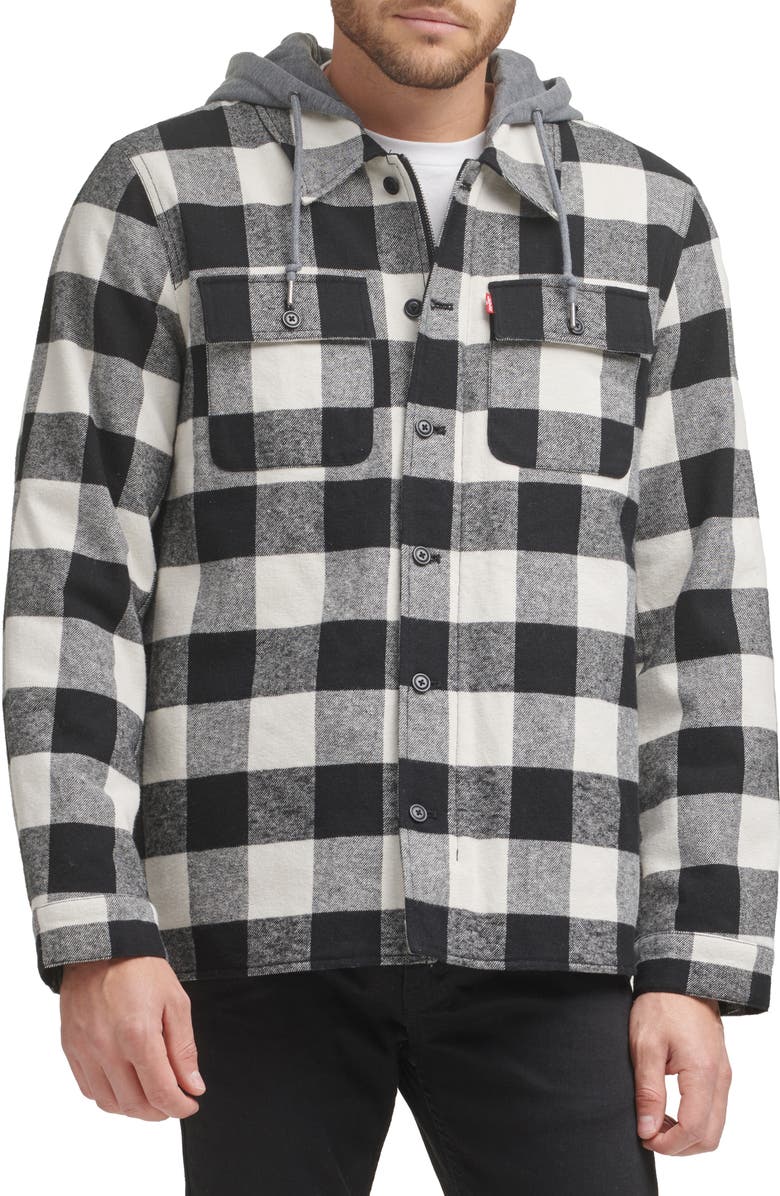 Levi's Plaid Faux Shearling Lined Jersey Hood Shirt Jacket, Main, color, Black/White Buffalo Check