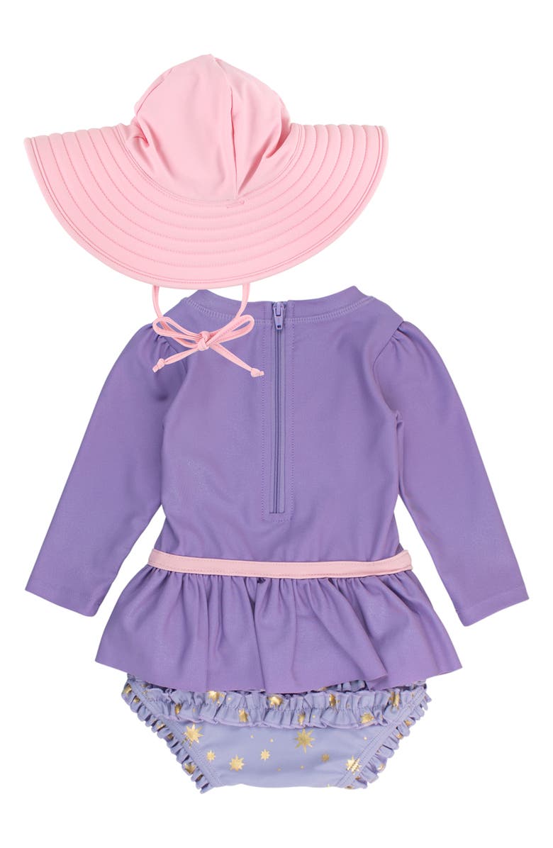 RuffleButts Princess One-Piece Rashguard Swimsuit & Sun Hat Set, Alternate, color, 