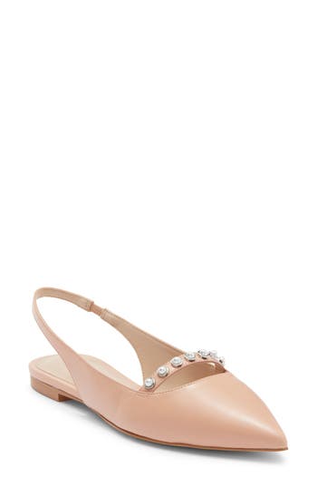 Stuart Weitzman Faux Pearl-embellished Leather Slingback Point-toe Flats In Pink