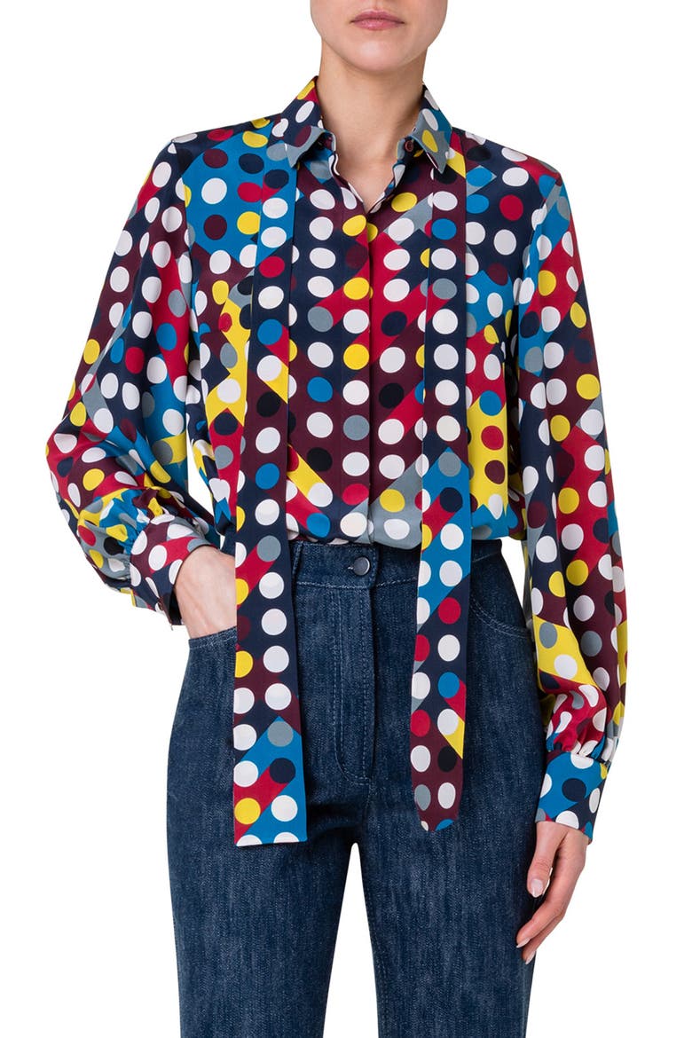 Polka Dot Print Tie Neck Silk Crêpe de Chine Blouse, Main, color, NAVY-CRIMSON