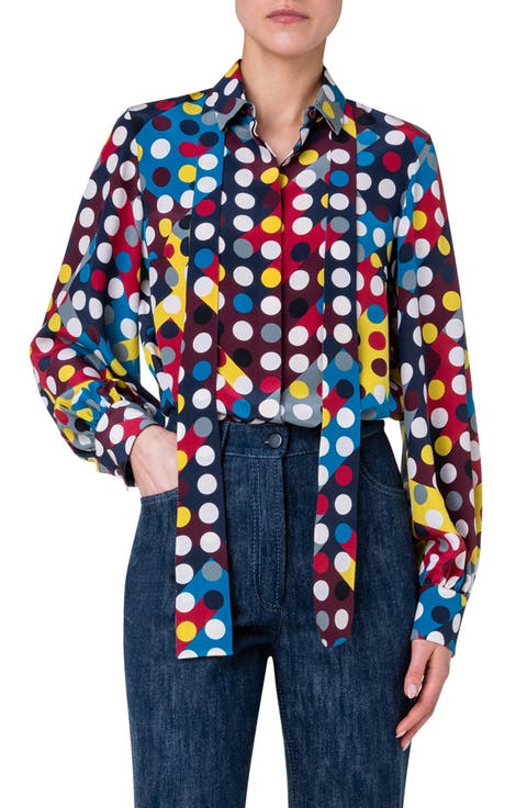 Polka Dot Print Tie Neck Silk Crêpe de Chine Blouse