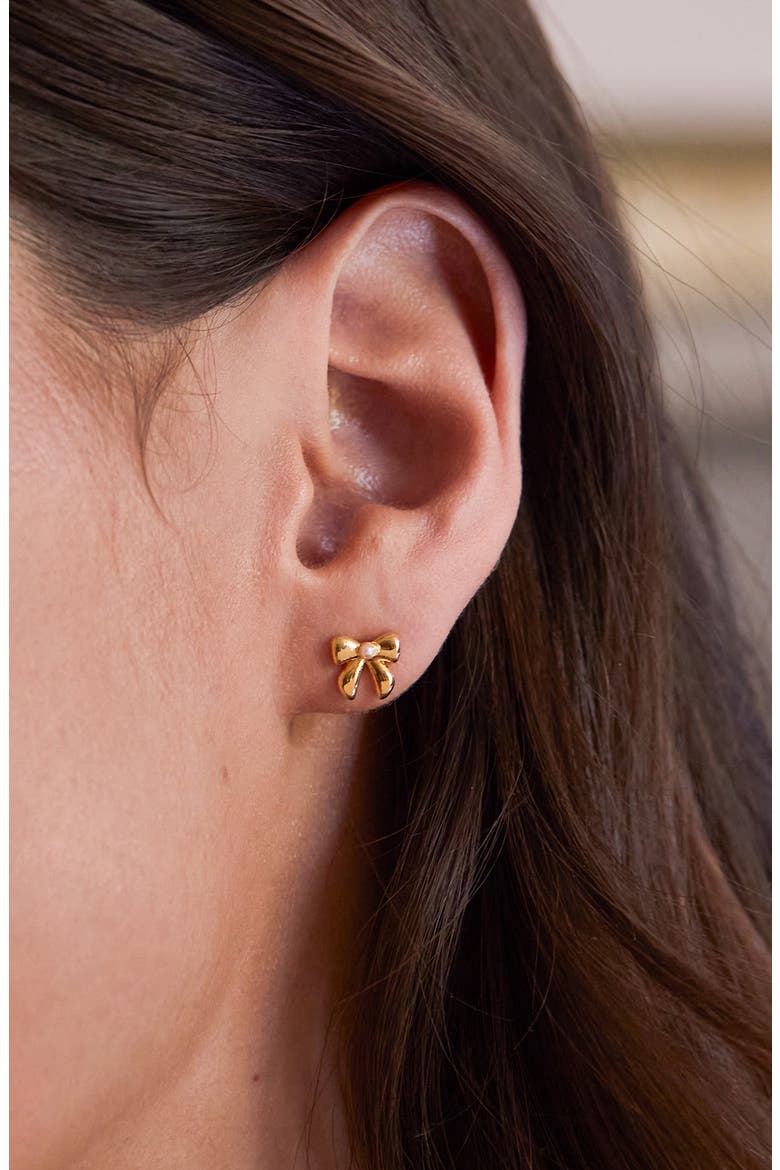 Faux Pearl Bow Stud Earrings, Alternate, color, GOLD
