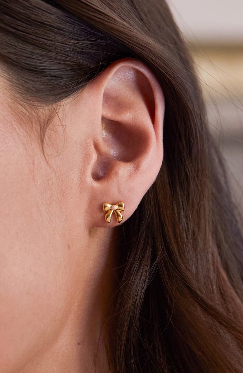Estella Bartlett Faux Pearl Bow Stud Earrings, Alternate, color, Gold