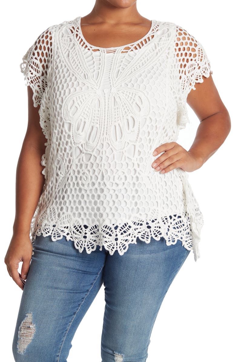 ONE WORLD Oneworld Butterfly Crochet Extended Shoulder Top, Main, color, 