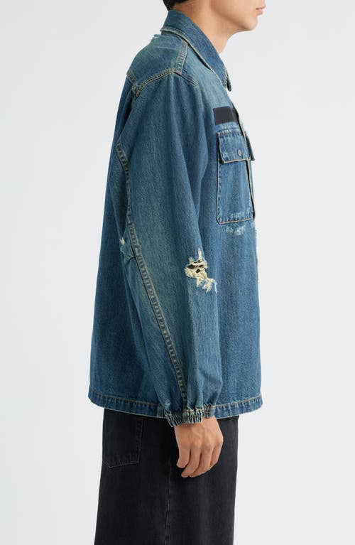 Helmut Lang Distressed Uniform Denim Snap-up Shirt In Blue