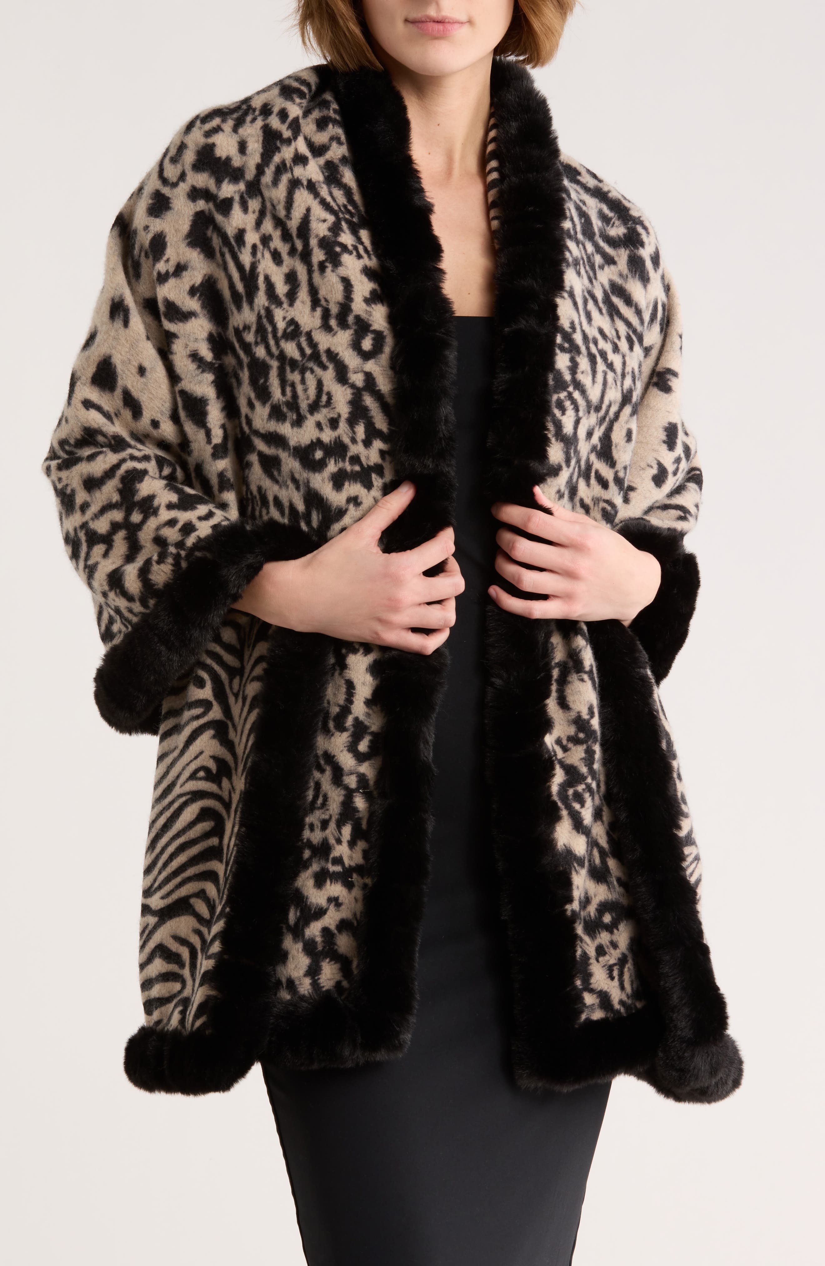 La Fiorentina Faux Fur Trim Animal Print Wrap Scarf