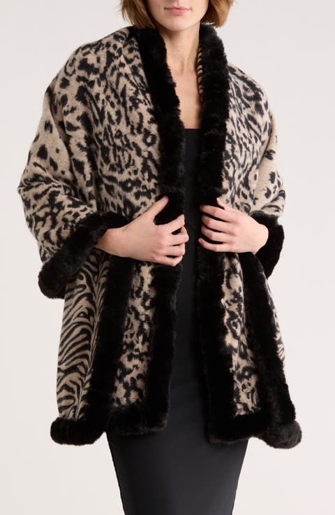 Faux Fur Trim Animal Print Wrap Scarf