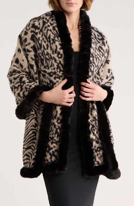 La Fiorentina Faux Fur Trim Animal Print Wrap Scarf
