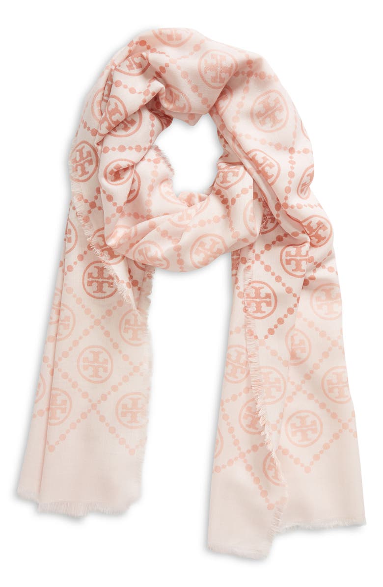 Tory Burch T-Monogram Print Silk Oblong Scarf, Alternate, color, 