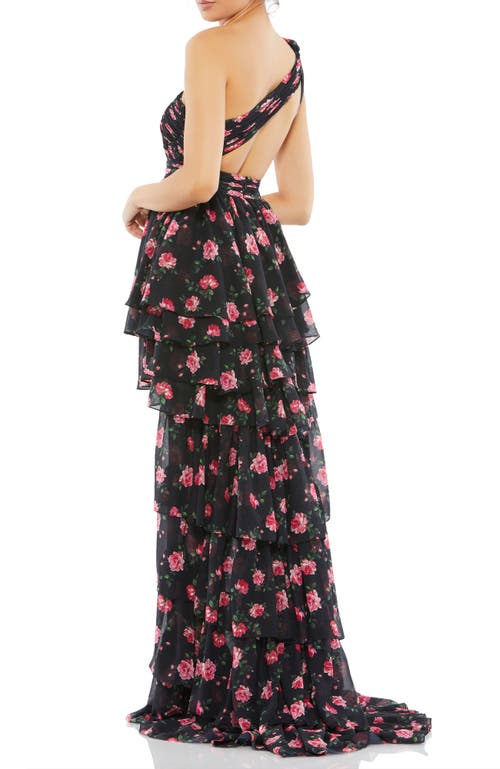 Mac Duggal One Shoulder Ruffled High Low Gown In Black Multi