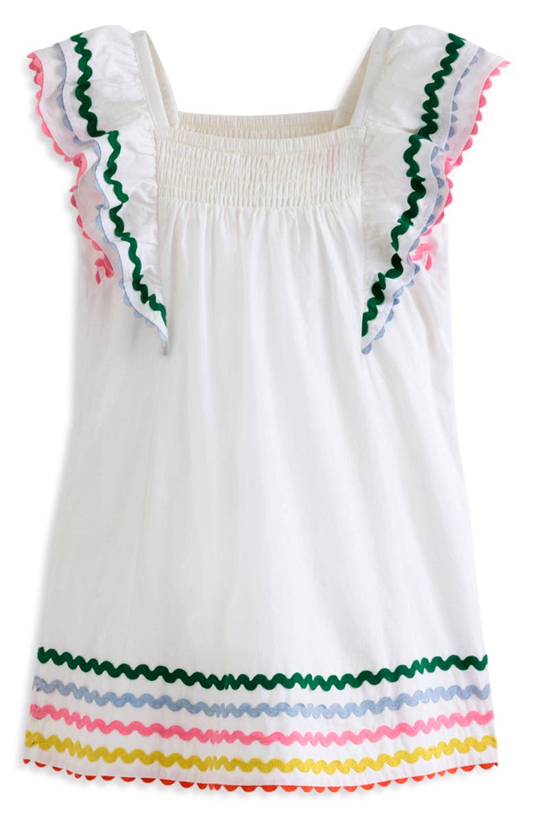 Mini Boden Kids' Flutter Sleeve RickRack Trim Cotton Dress, Alternate, color, Soft Ivory