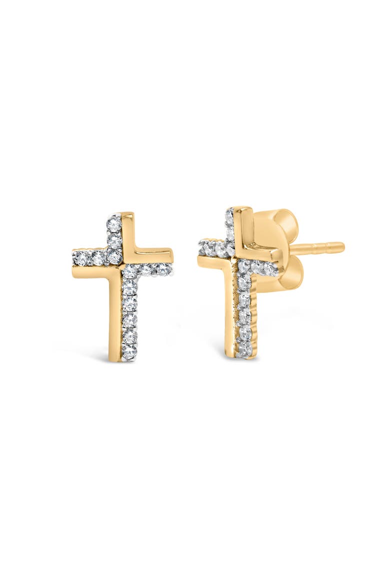 14K Yellow Gold Plated .925 Sterling Silver 1/10 Cttw Diamond Cross Stud Earring, Alternate, color, Yellow Gold over Silver