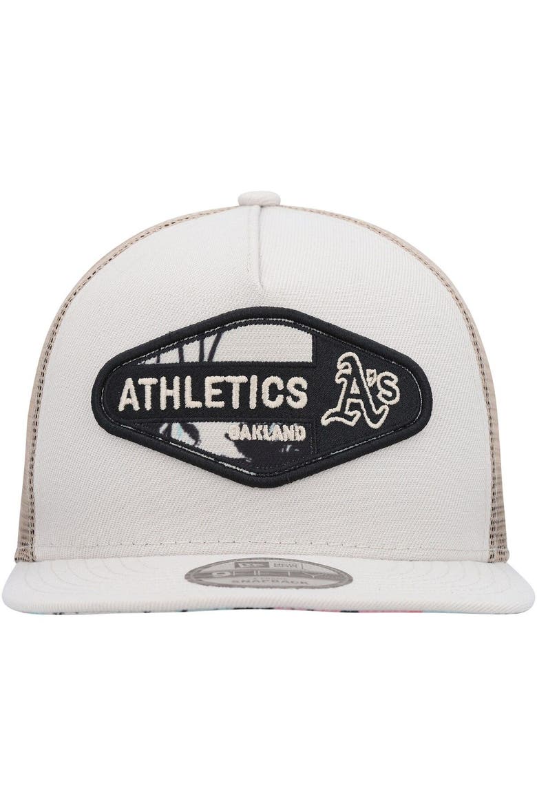 Men's New Era Natural Oakland Athletics Retro Beachin' Patch A-Frame Trucker 9FIFTY Snapback Hat, Alternate, color, Natural