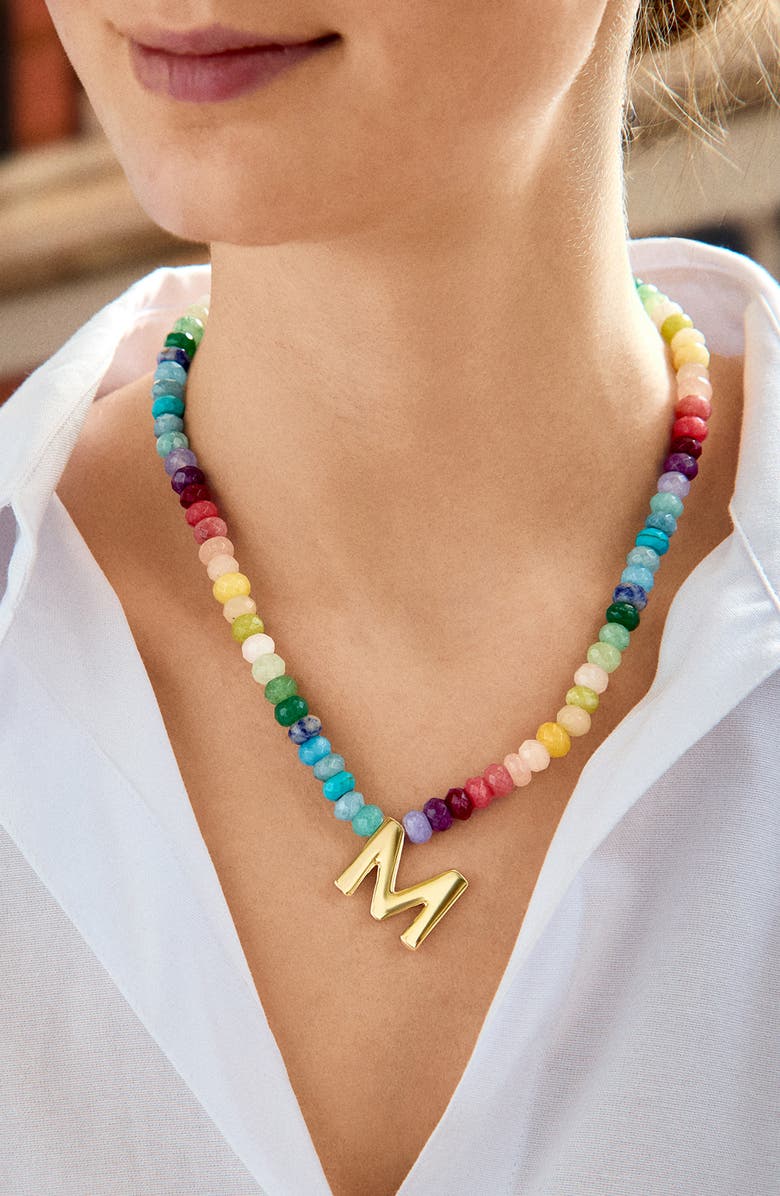 BaubleBar Rainbow Beaded Initial Pendant Necklace, Alternate, color, Rainbow Multi - D