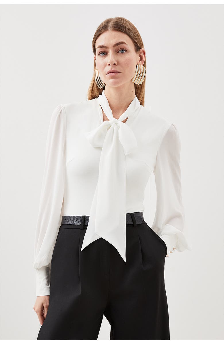 Karen Millen Tie Neck Long Sleeve Bodysuit, Main, color, Ivory