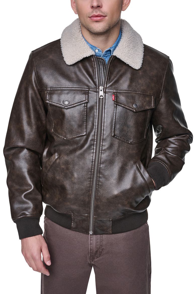 Faux Leather Bomber Jacket, Main, color, BROWN