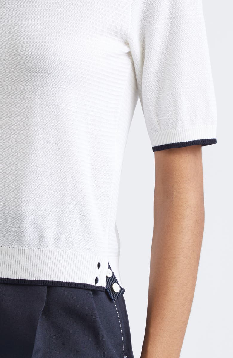 Thom Browne Tipped Textured Stitch Short Sleeve Virgin Wool Top, Alternate, color, White