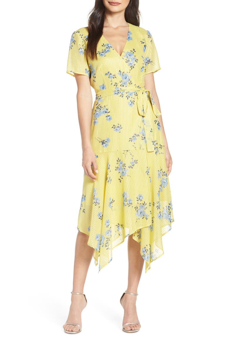 Handkerchief Hem Wrap Dress, Main, color, YELLOW FOIL STRIPE FLORAL