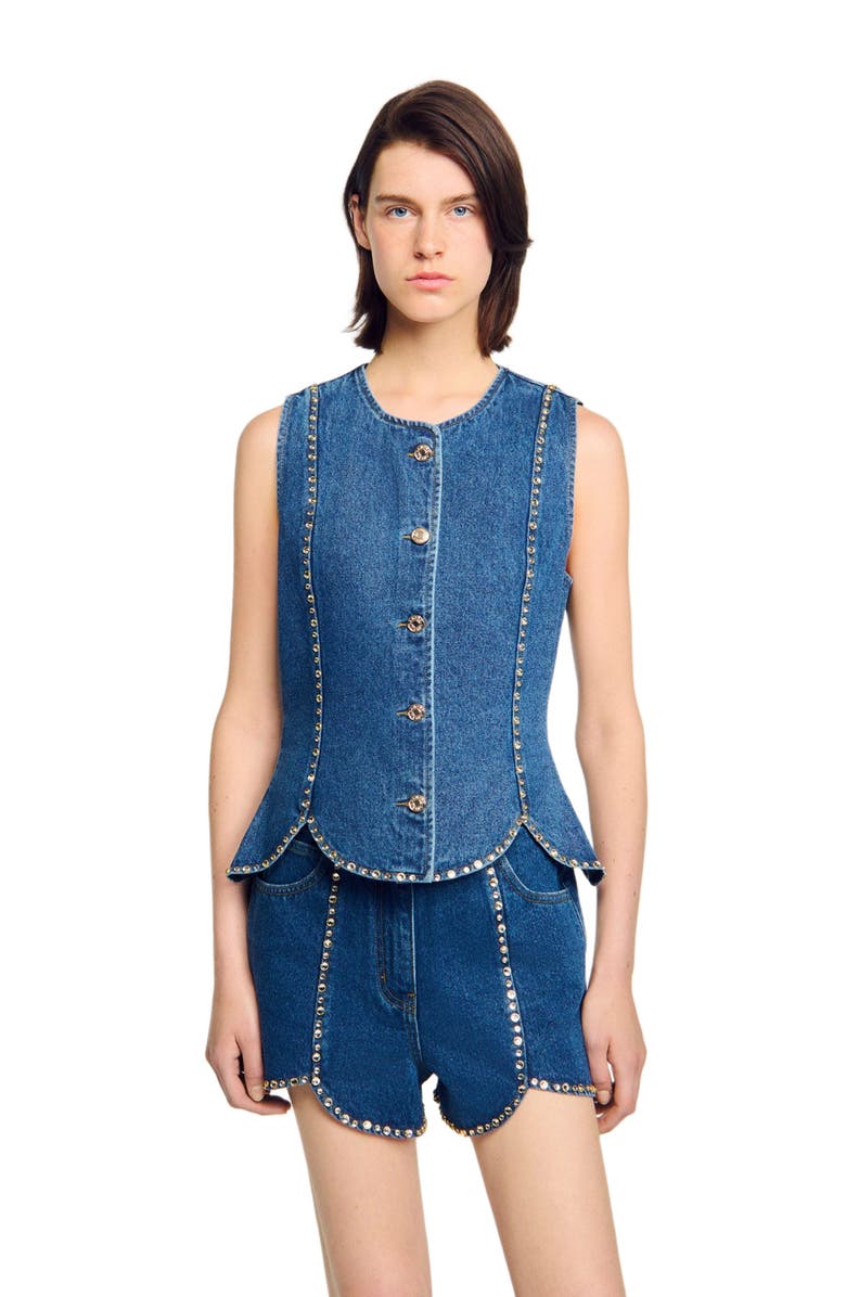 SANDRO Rhinestone denim top, Alternate, color, Blue Jean