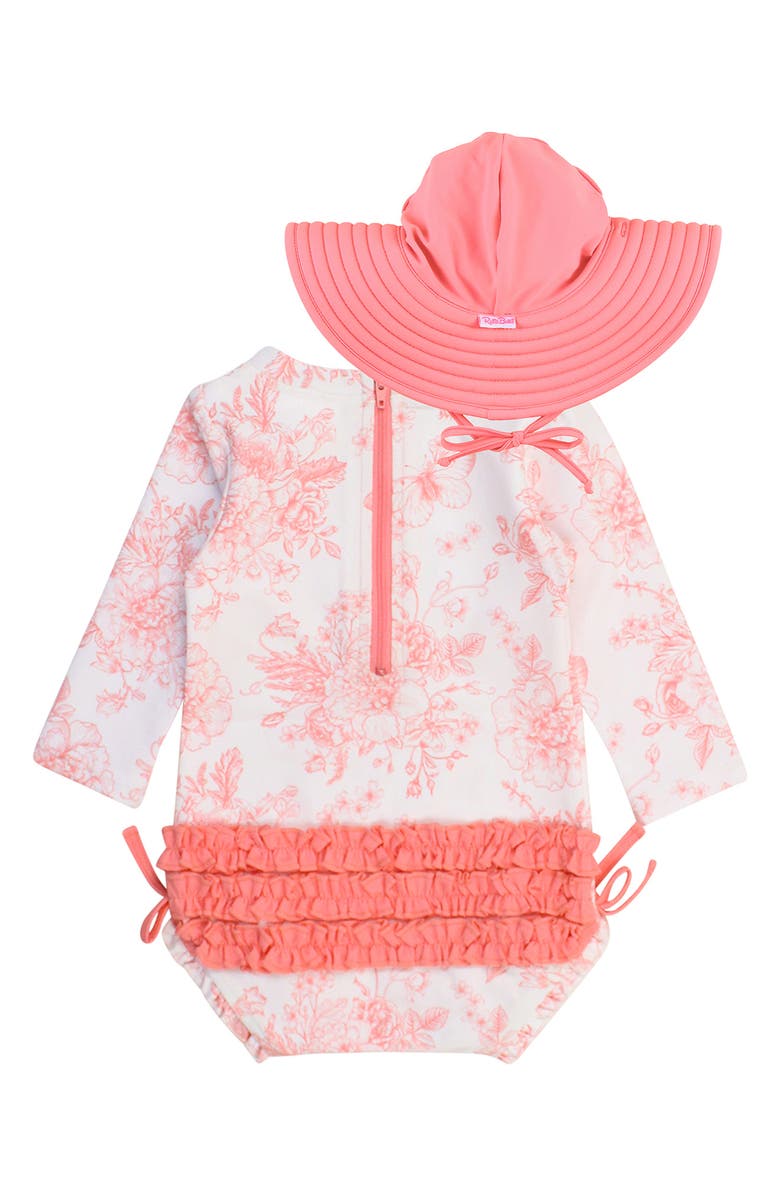 RuffleButts Pink Garden One-Piece Rashguard Swimsuit & Hat Set, Alternate, color, 