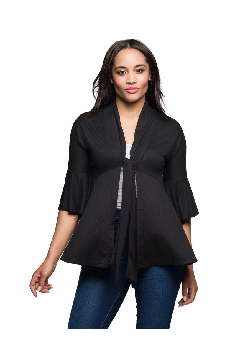 24seven Comfort Apparel Tie Front Bell Sleeve Cardigan, Alternate, color, Black
