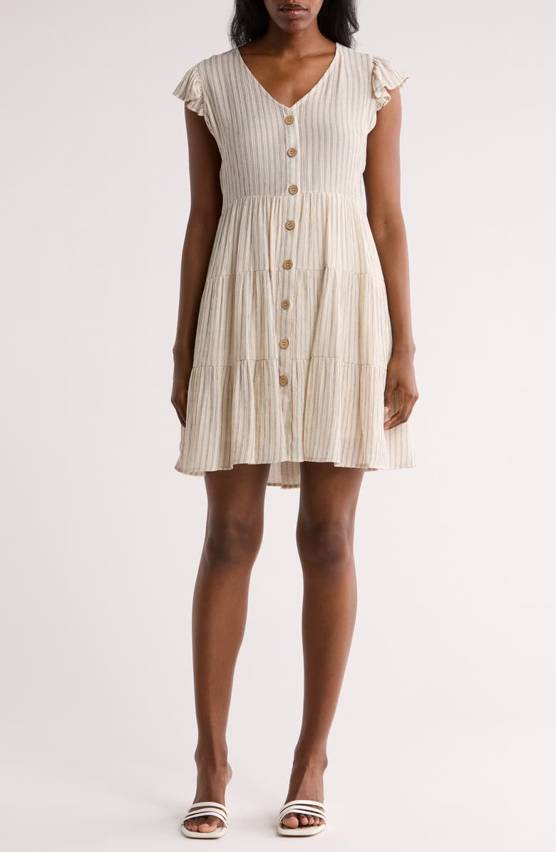 AUGUST SKY Stripe Cap Sleeve Button Front Minidress, Main, color,