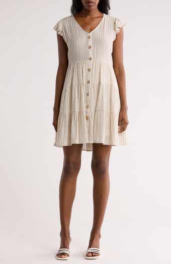 AUGUST SKY Stripe Cap Sleeve Button Front Minidress