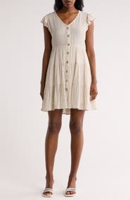 AUGUST SKY Stripe Cap Sleeve Button Front Minidress