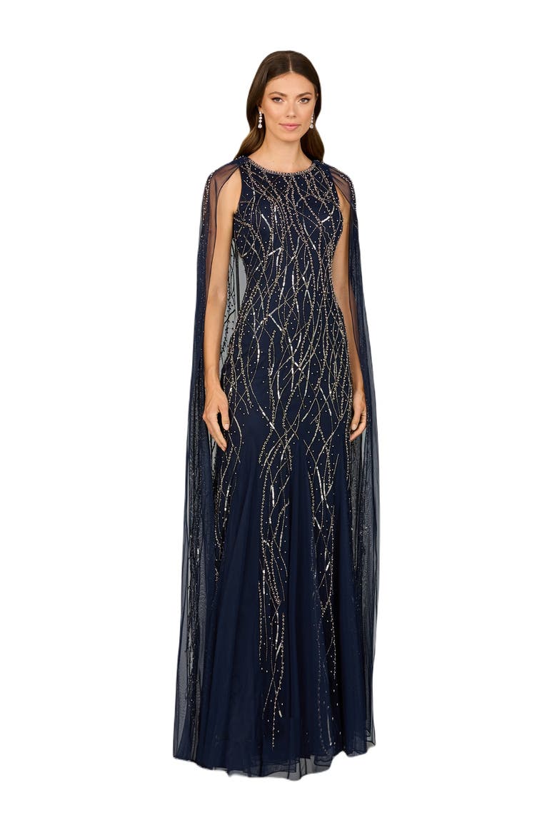 Elegant Beaded Dress with Long Cape, Alternate, color, Navy