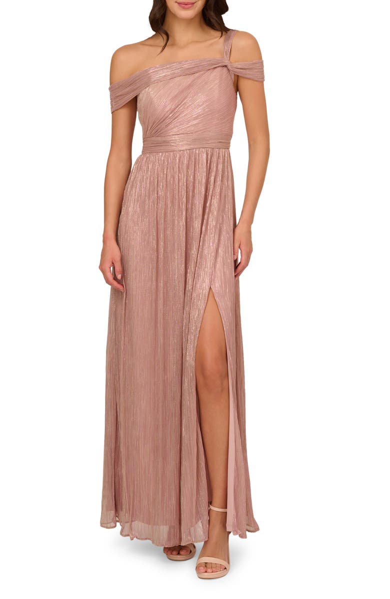 Adrianna Papell Metallic Crinkle Off the Shoulder Gown | Nordstrom